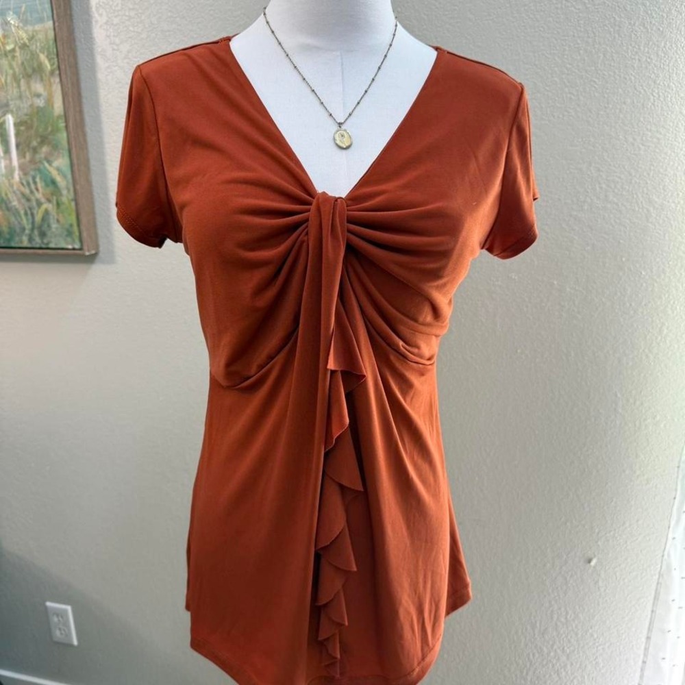 Vintage Suzie‎ Rust Orange Knot Front Ruffle Blouse – Size S